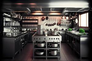 Professional restaurant kitchen interior with cooking supply and electronics. Neural network generated art photo