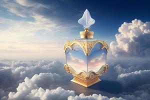 beautiful perfume bottle against the background of the sky and clouds. Neural network generated art photo