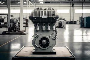 Modern car engine block on table in service room. Neural network generated art photo