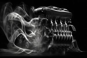 Modern car engine on deep solid black background. Neural network generated art photo