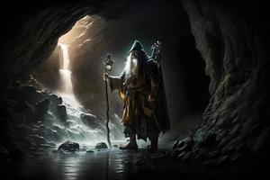 Warrior gnome in dark cave corridor with fantasy staff. Neural network generated art photo