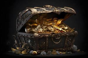 Open treasure chest filled with gold coins and expensive pirates loot on black background. Neural network generated art photo