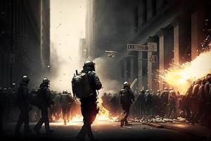 concepto Arte de disturbios calles en fuego, siluetas de enojado personas protestando en un revolución. neural red generado Arte foto