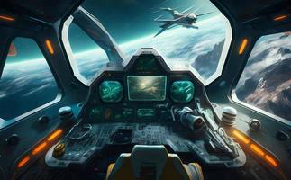 Airplane cockpit view during intergalaxy journey flight or spaceship battle. Neural network generated art photo