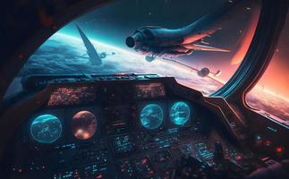 avión cabina ver durante intergalaxia viaje vuelo o astronave batalla. neural red generado Arte foto