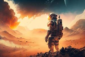 Futuristic scene with astronauts in space exploring a planet. Neural network generated art photo