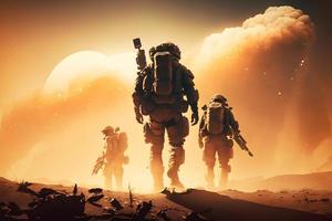 Futuristic scene with astronauts in space exploring a planet. Neural network generated art photo