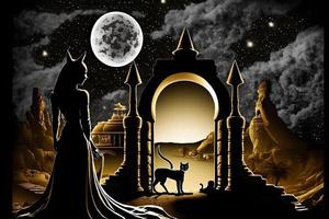 Egyptian fantasy abstract background, Egyptian goddess Bastet, black cat. Neural network generated art photo