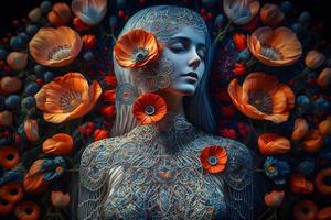 A fantasy portrait of ancient Roman goddess Venus with red poppies. Neural network generated art photo