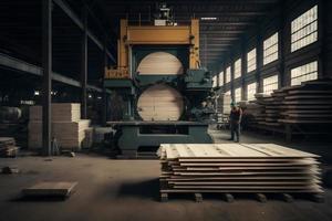 carpintería aserradero producción y Procesando de de madera tableros en un moderno industrial fábrica montaje línea en producción. neural red generado Arte foto