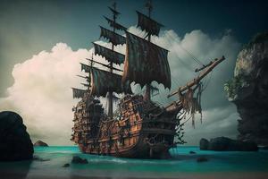 Pirate ship at the open sea close to rocks and small island with palms. Neural network generated art photo