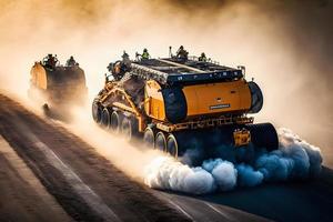 trabajador operando asfalto adoquín máquina acabador durante la carretera construcción y reparando obras. neural red generado Arte foto