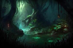 Fairytale fantasy forest night landscape, misty dark mood. Neural network art photo