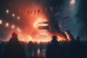 The crowd riots in the street, protests. burning city. Neural network generated art photo