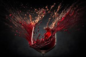Glass with splash of red wine on black background. Neural network generated art photo