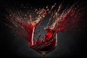 Glass with splash of red wine on black background. Neural network generated art photo