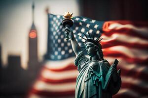 estatua de libertad en el antecedentes de el americano bandera. democracia y libertad concepto. neural red ai generado Arte foto