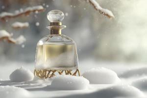 Perfume bottle in the snow, winter, fresh cold fragrance concept. Neural network generated art photo