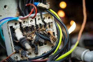 Burning switchboard from overload or short circuit on wall. Circuit breakers on fire and smoke from overheating due to poor connection. Neural network photo