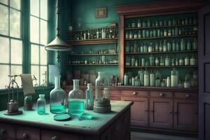 Vintage Old medical, chemistry and pharmacy history concept background. Retro style. Neural network AI generated photo