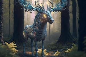 Fairytale fantasy deer in a magical forest. Neural network photo