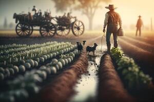 Farmer watering his plants. Neural network photo