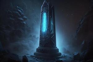 Futuristic fantasy ancient obelisk of fairytale civilization. Neural network AI generated photo