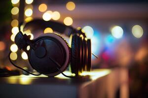 Modern big professional headphones on DJs table at night party. Neural network photo