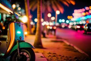 scooter ciclomotor a Oceano conducir Miami playa a noche con neón luces desde hoteles neural red ai generado foto