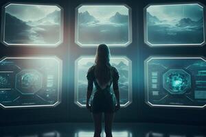 Futuristic girl astronaut on a spaceship looks into the monitors of a quantum computer. Neural network art photo