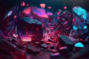 Abstract art background with part of surreal ruby gemstone crystal with prism reflection in fractal triangles structure in purple colors. Neural network photo