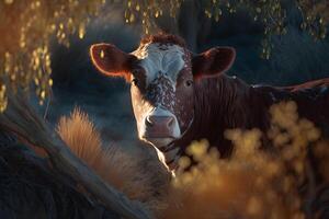 Green meadow in mountains and cow, summer landscape. Neural network photo