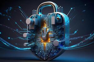 Padlock With Keyhole icon in personal data security Illustrates cyber data or information privacy idea. blue color abstract hi speed internet technology. Neural network photo