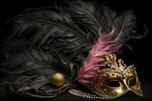Carnival time. Venetian mask with feathers on black background, Neural network photo