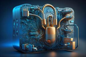 Padlock With Keyhole icon in personal data security Illustrates cyber data or information privacy idea. blue color abstract hi speed internet technology. Neural network photo