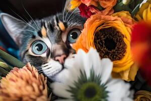 Portrait of a tabby cat in grass and flowers. Neural network photo