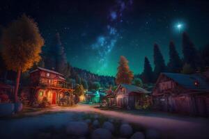 Street view of fantasy fairy tale medieval village. Neural network photo