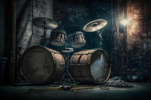Drum kit in a grunge garage. Neural network photo