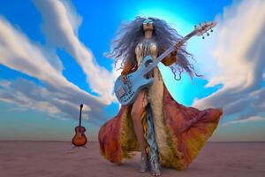 Beautiful rock star woman with electric guitar. Neural network photo