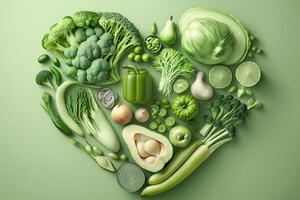 Green vegetables in the shape of a heart. vegan concept. Neural network photo