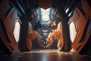 Golden room interior with fantastic abstract elements. Neural network photo