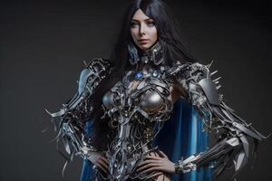 Portrait of a warrior girl in armor. Woman knight. Neural network photo