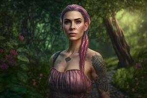 Beautiful woman with long braids in the forest. Neural network photo