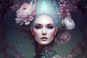 Beautiful fantasy flower nymph. Floral woman. Neural network photo