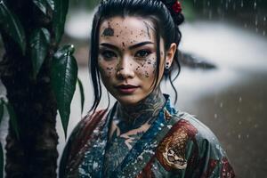 japonés geisha con tatuaje. neural red ai generado foto