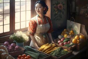 Beautiful Asian woman sells vegetables. Neural network photo