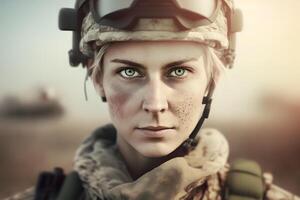 Pretty female soldier portrait. Neural network photo