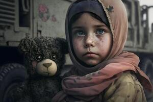 pequeño niña con un osito de peluche oso durante el guerra. evacuación niños. neural red ai generado foto