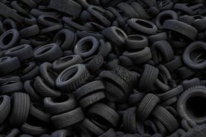 Old used car tires. A pile of black tires, abstract background. Neural network photo