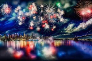 Beautiful colorful holiday fireworks in the evening sky with majestic clouds, long exposure. Neural network photo